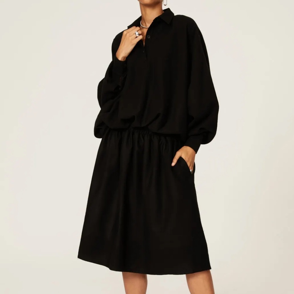 MOSSI sz 36 like XL Chic Black Long Sleeve Dress drop shoulder & elastic waist